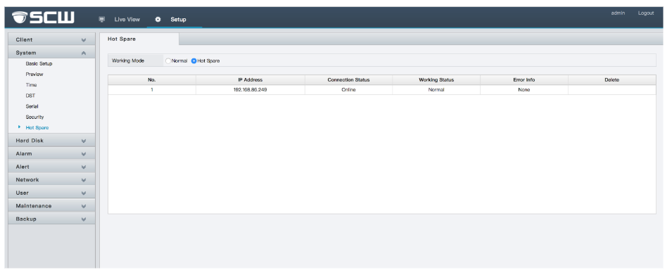 hot spare web interface settings